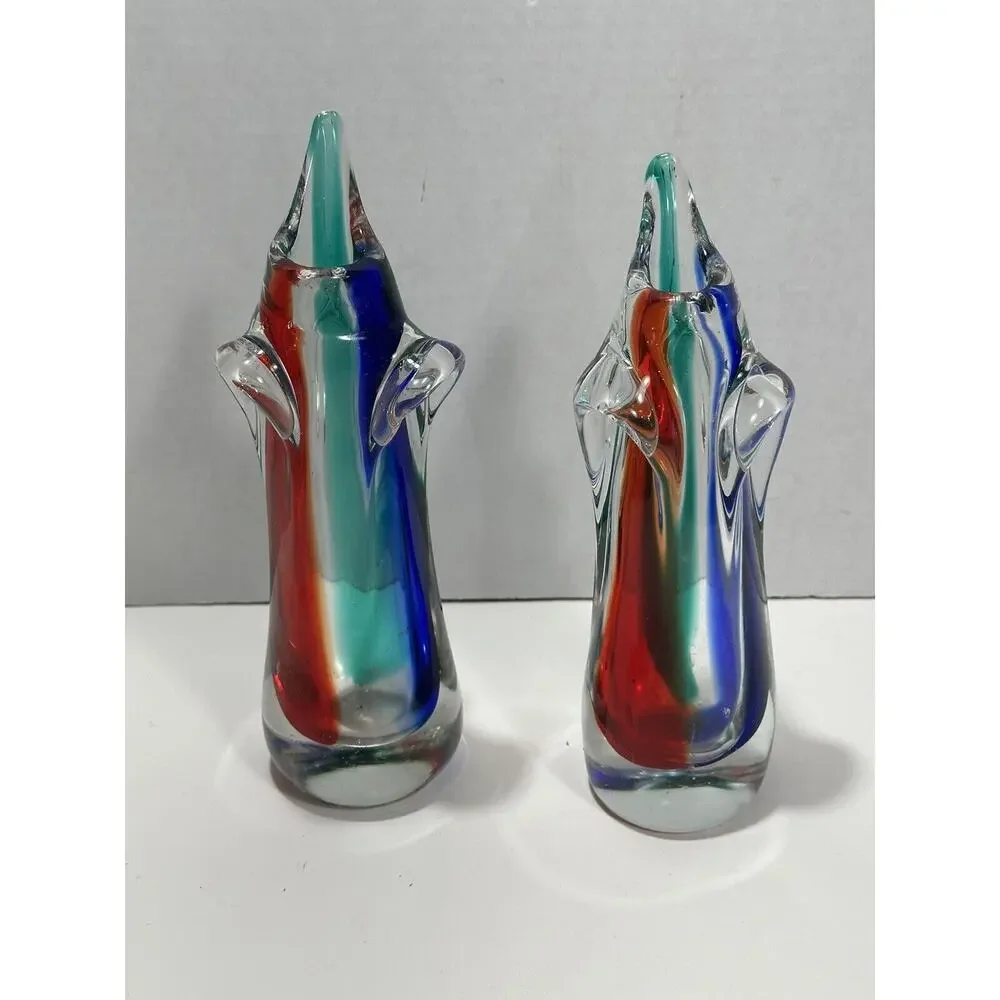 Gorgeous Pair 2 Vintage Art Glass‎ Murano Dolphin Shaped Sommerso Style Vase